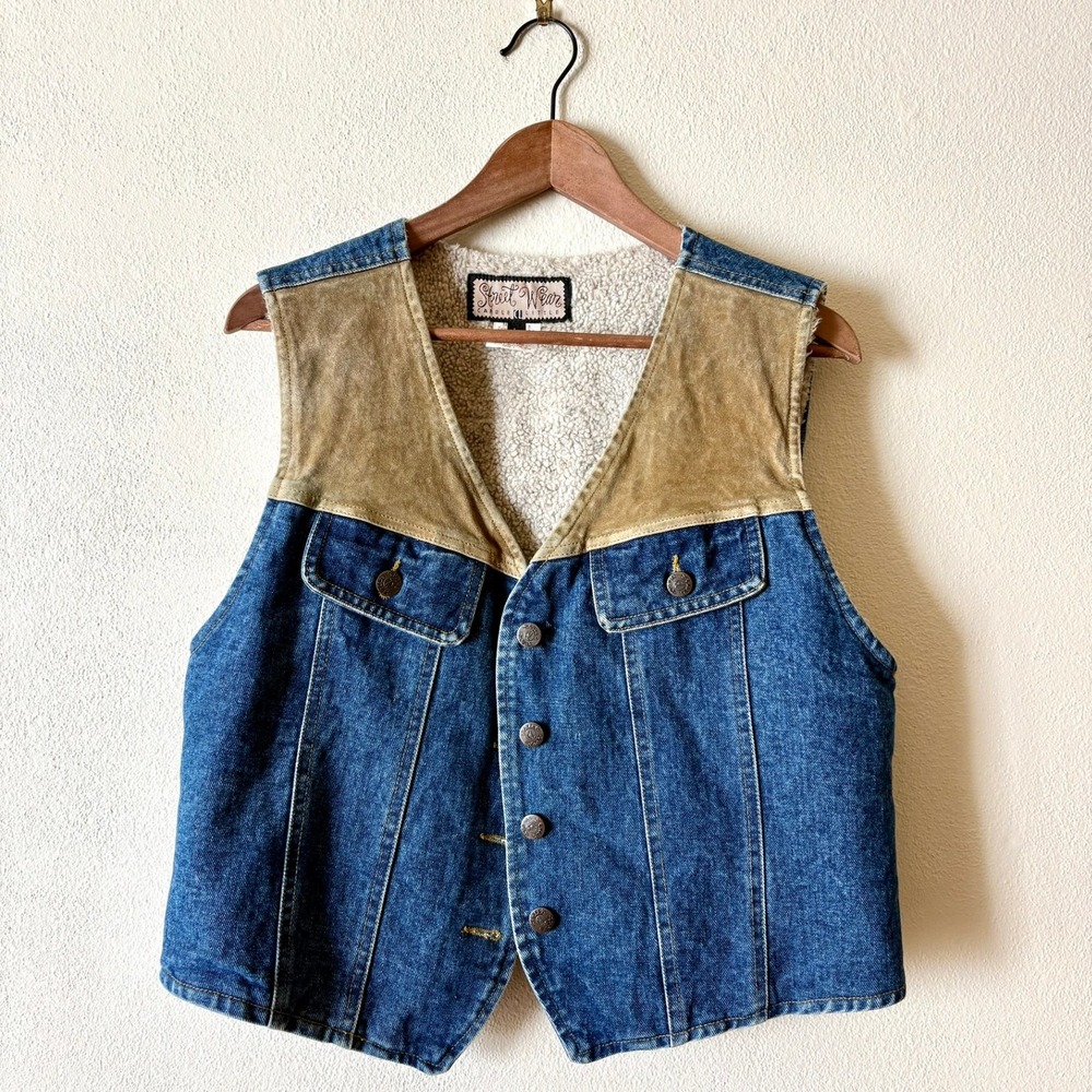 Vintage Street Wear Carole Little Denim Vest Faux Shearling Lined Western Blue L